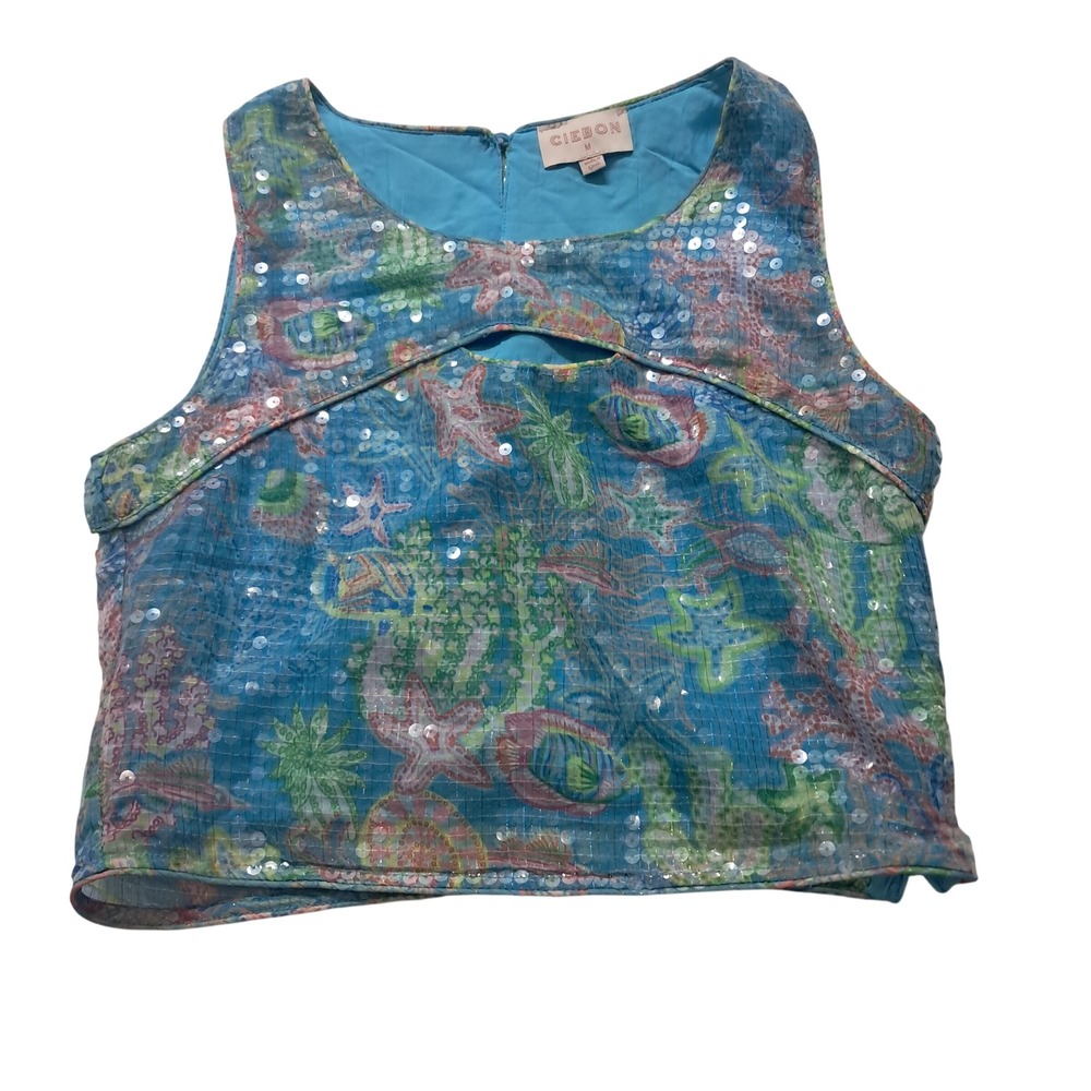 CIEBON Top Womens Medium Blue Sequin Under the Sea Starfish Coastal Mermaid